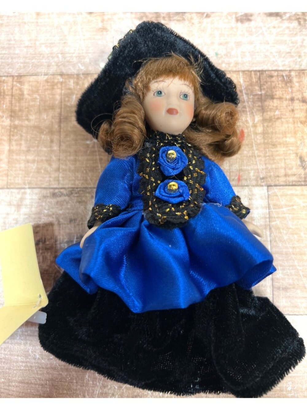 European Collection Porcelain Doll With Blue Dress & Black Velvet Hat By Wilcor
